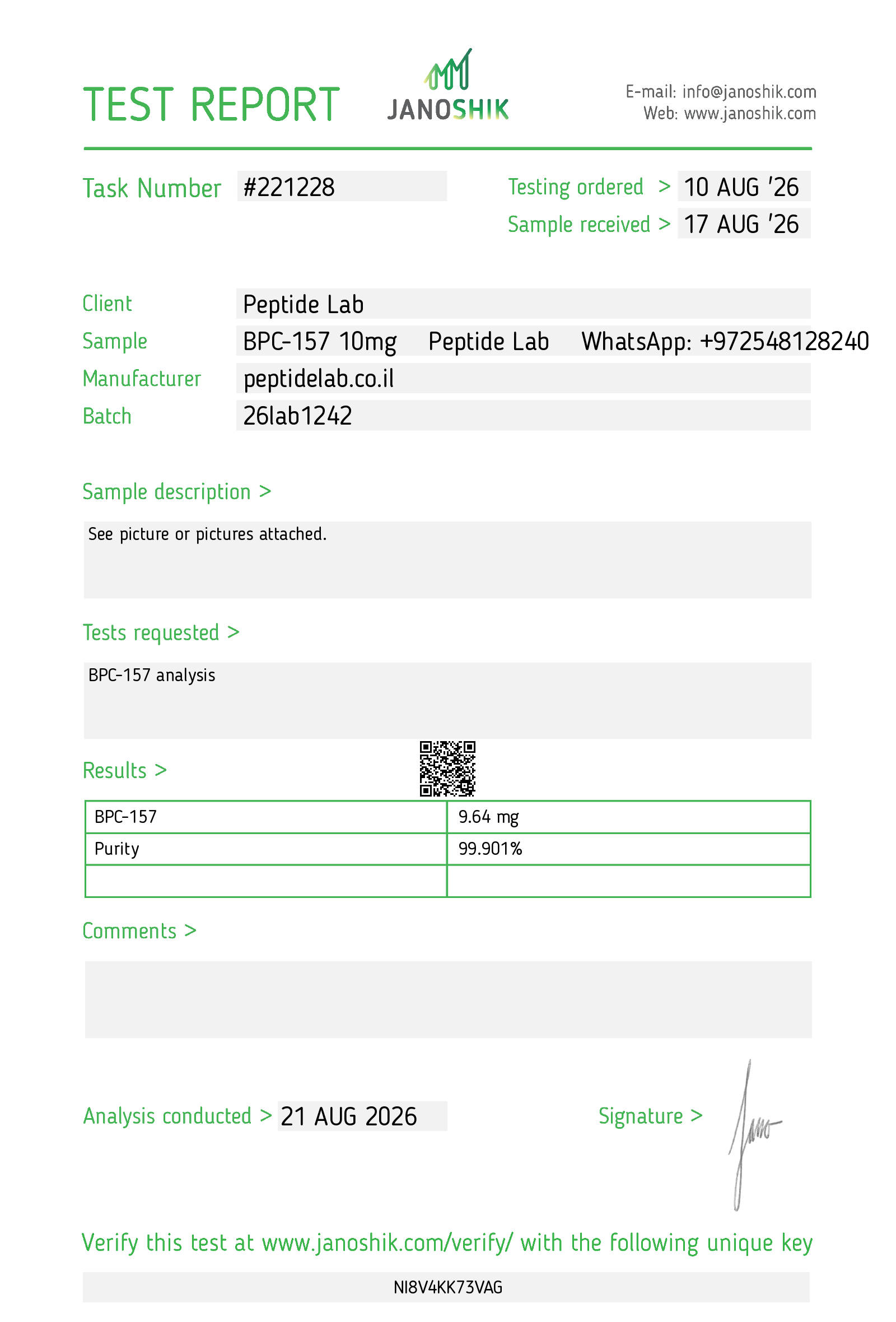 Certificate of Analysis (COA) BPC-157 by Janoshik