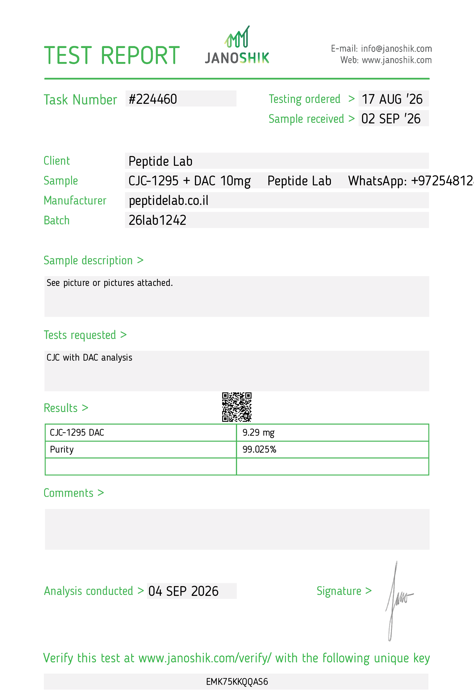 Certificate of Analysis (COA) CJC-1295 + DAC by Janoshik