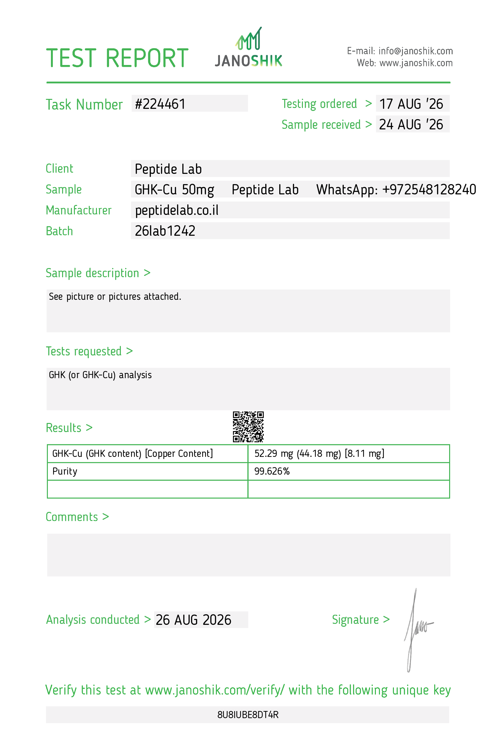 Certificate of Analysis (COA) GHK-Cu by Janoshik