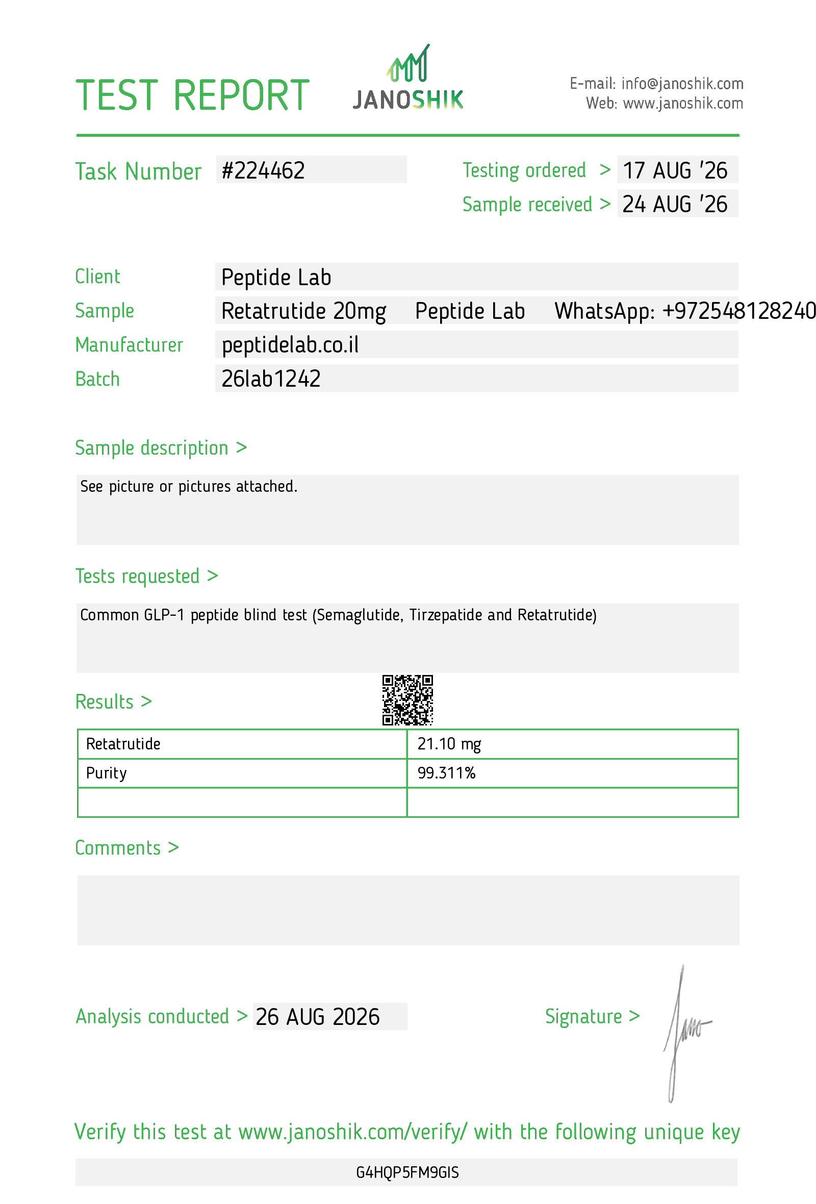 Certificate of Analysis (COA) Retatrutide by Janoshik