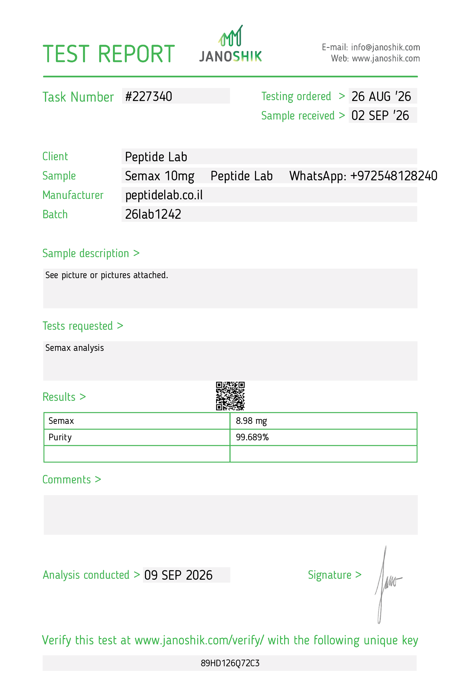 Certificate of Analysis (COA) Semax by Janoshik