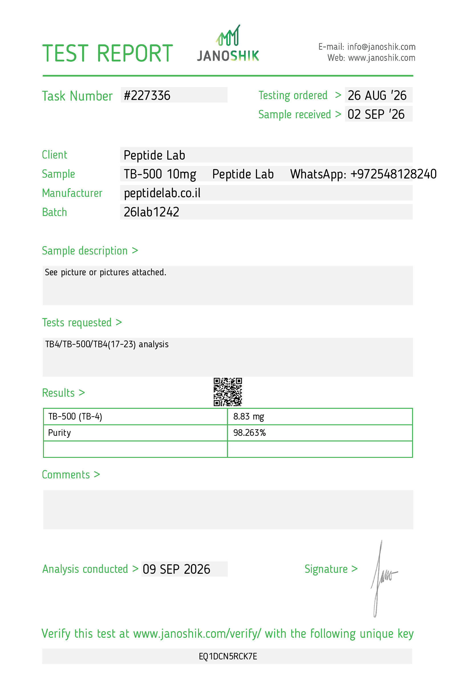 Certificate of Analysis (COA) TB-500 by Janoshik