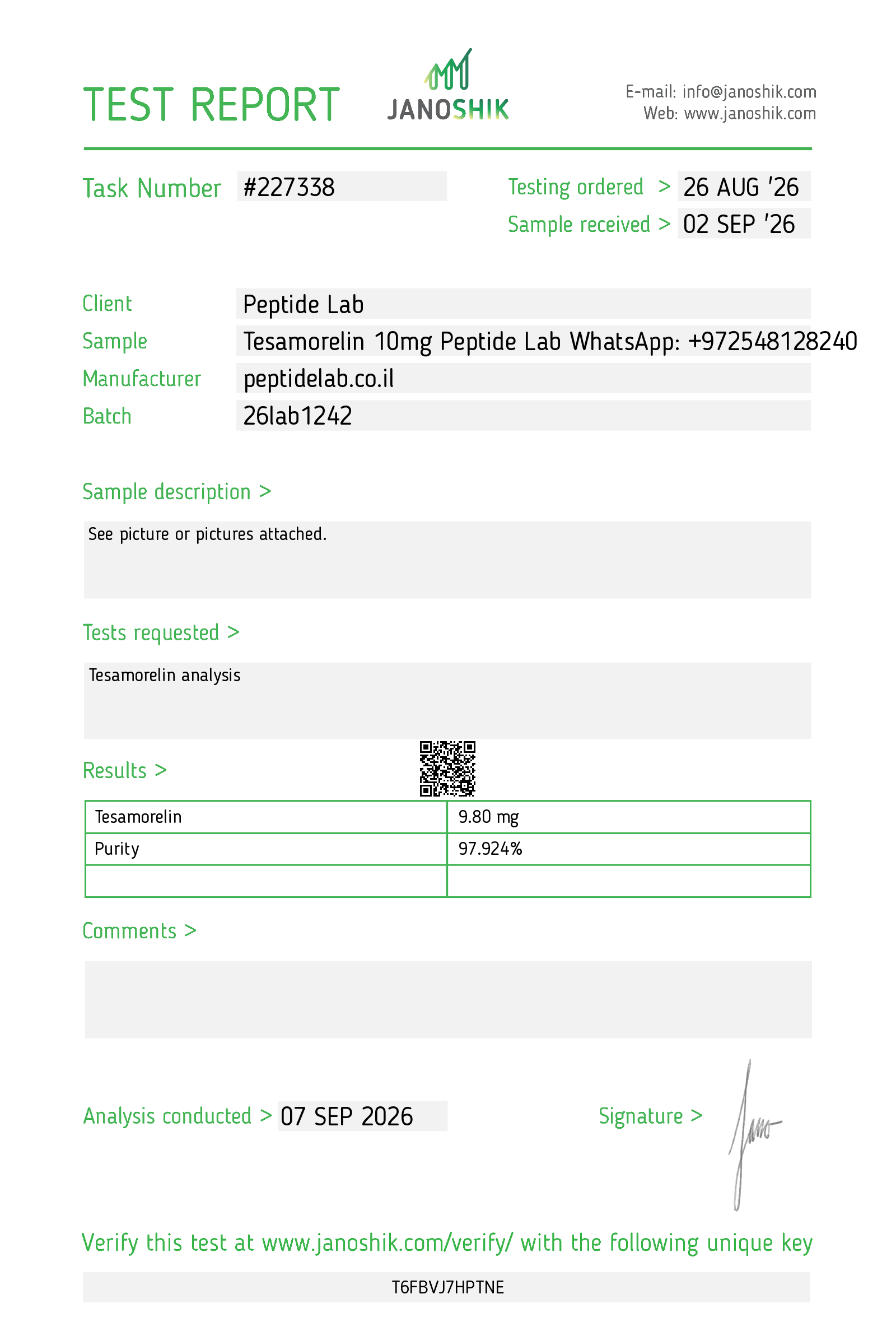 Certificate of Analysis (COA) Tesamorelin by Janoshik